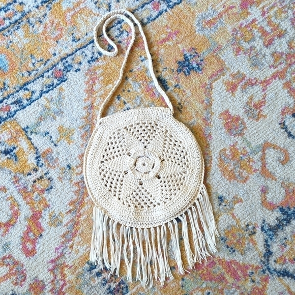 Handmade Bohemian Floral Woven Crochet Tassel Trim Circle Crossbody Bag Cream S - Picture 8 of 10